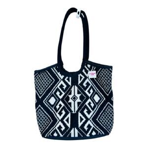 Geometric pattern black and white knit natural fabric tote shoulder Bag purse